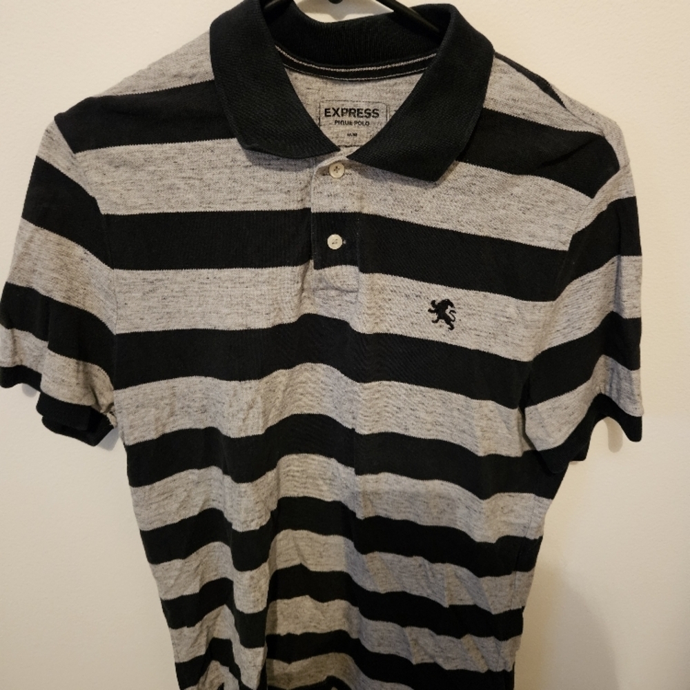 Express Men's Black and Gray Striped Polo Shirt